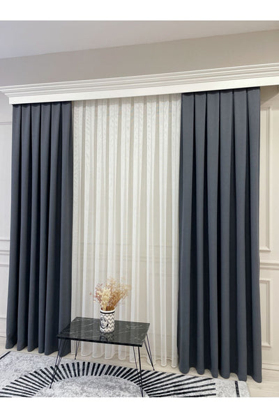 Stone Grey 1/3 Tight Pleat Linen-Look Blackout Curtain