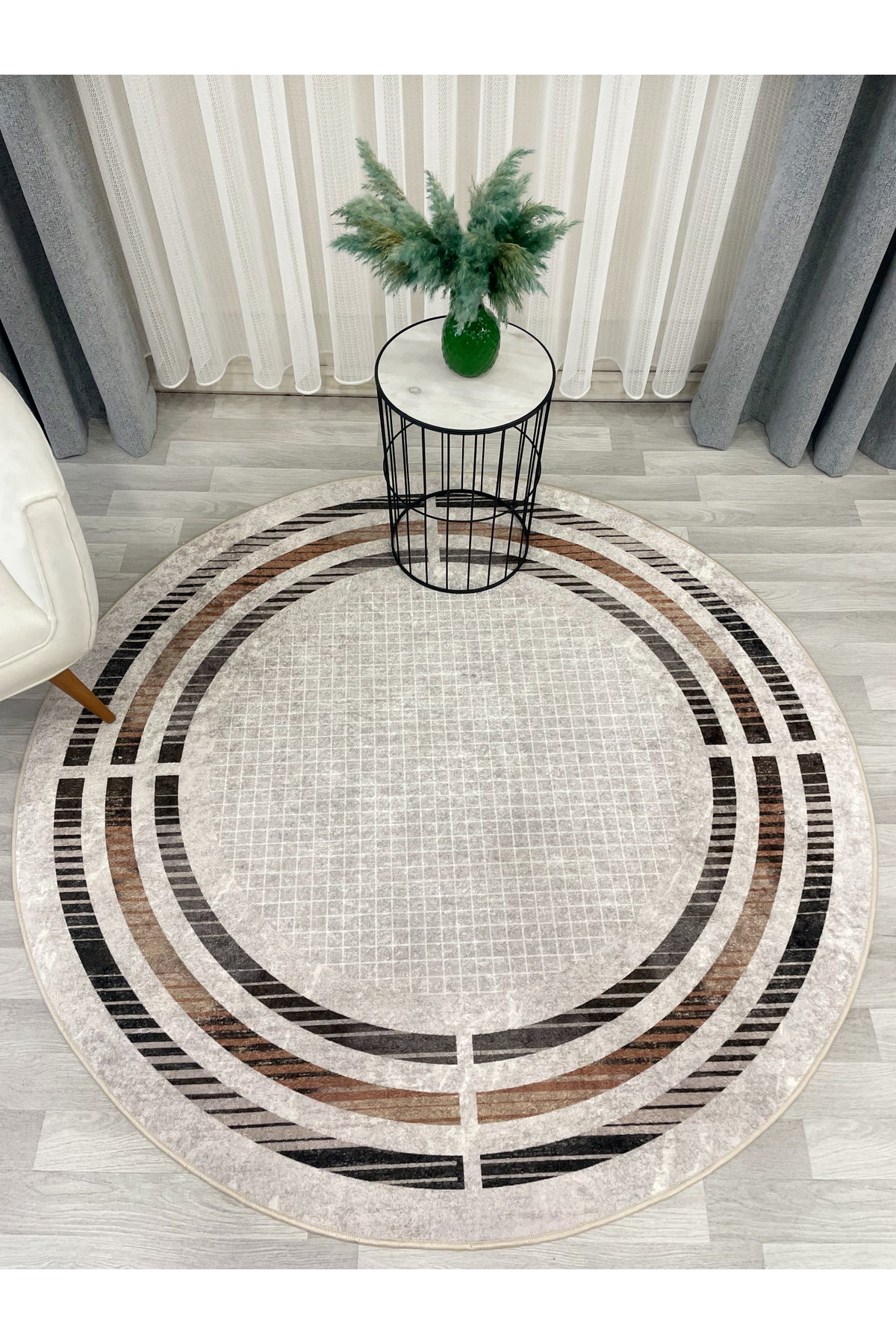 BEIGE Striped Bordered Non-Slip Base Framed Rug