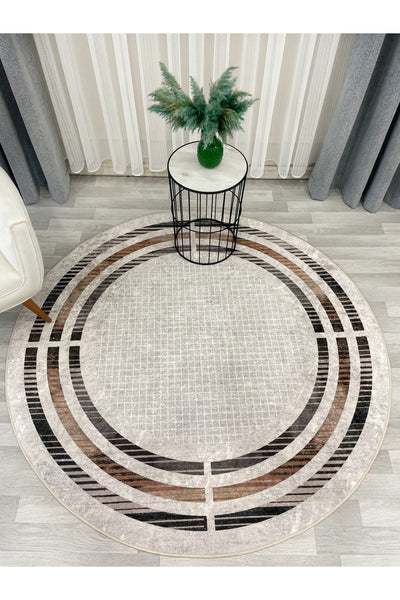 BEIGE Striped Bordered Non-Slip Base Framed Rug