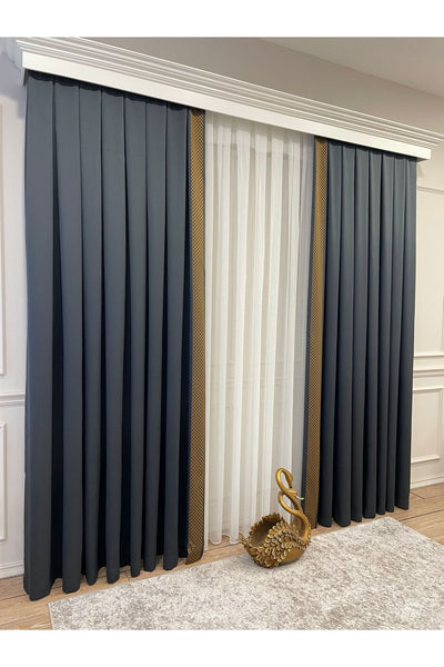 Panel Pattern Jacquard 1/3 Dense Pleat Blackout Curtain - Anthracite Gray - Gold Border
