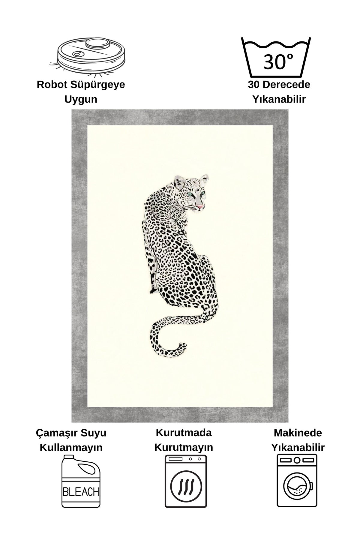Leopard Pattern Cream Gray Border Latex Leather Base Rug