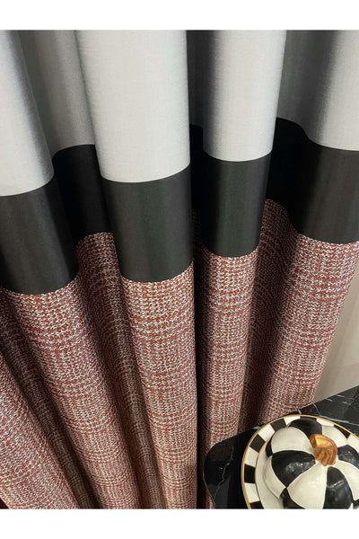 Panel Pattern Jacquard 1/3 Dense Pleat Blackout Curtain - Bottom: Mustard-Navy / Top: Gray