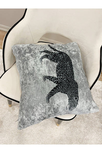 Leopar Desen Kadife Kırlent Yastık Kılıfı ( GRİ)