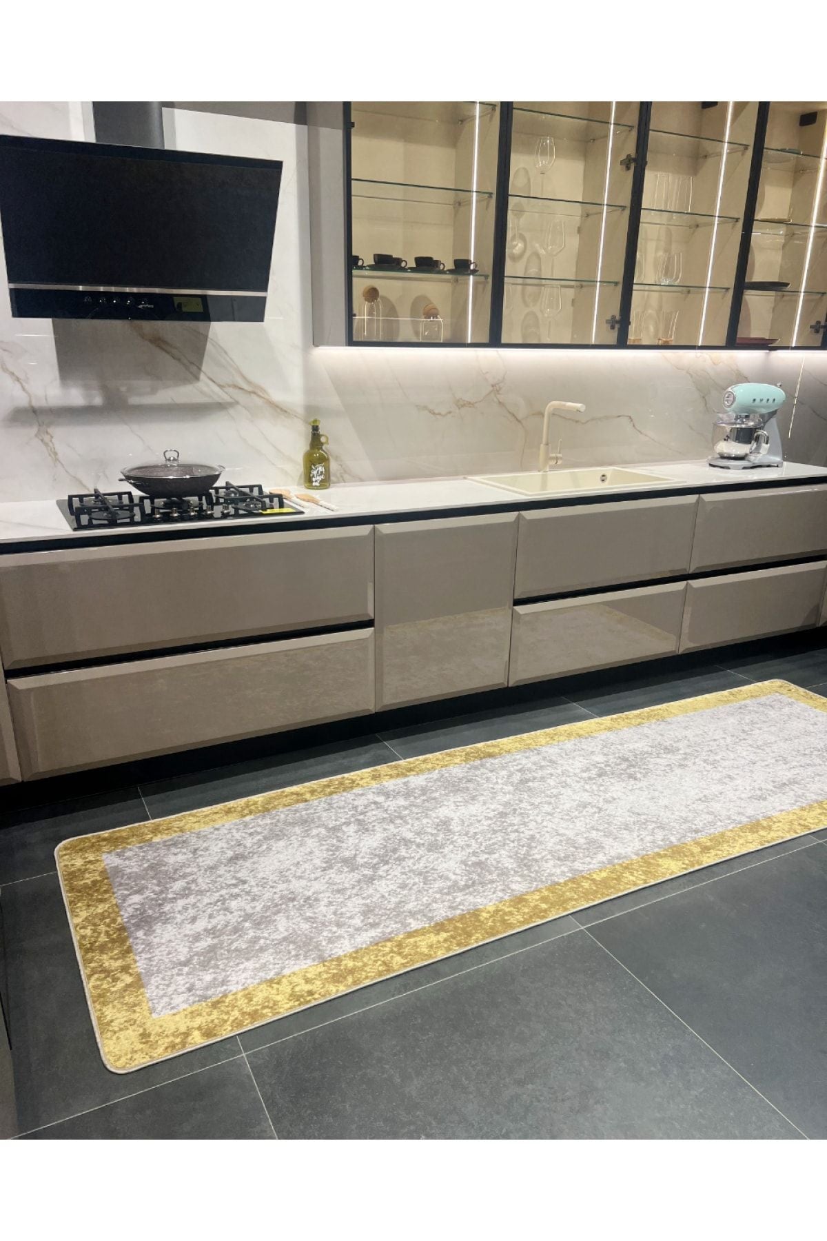 Geometric Striped Latex Leather Backing Fringeless Kitchen Rug - Gray-Black