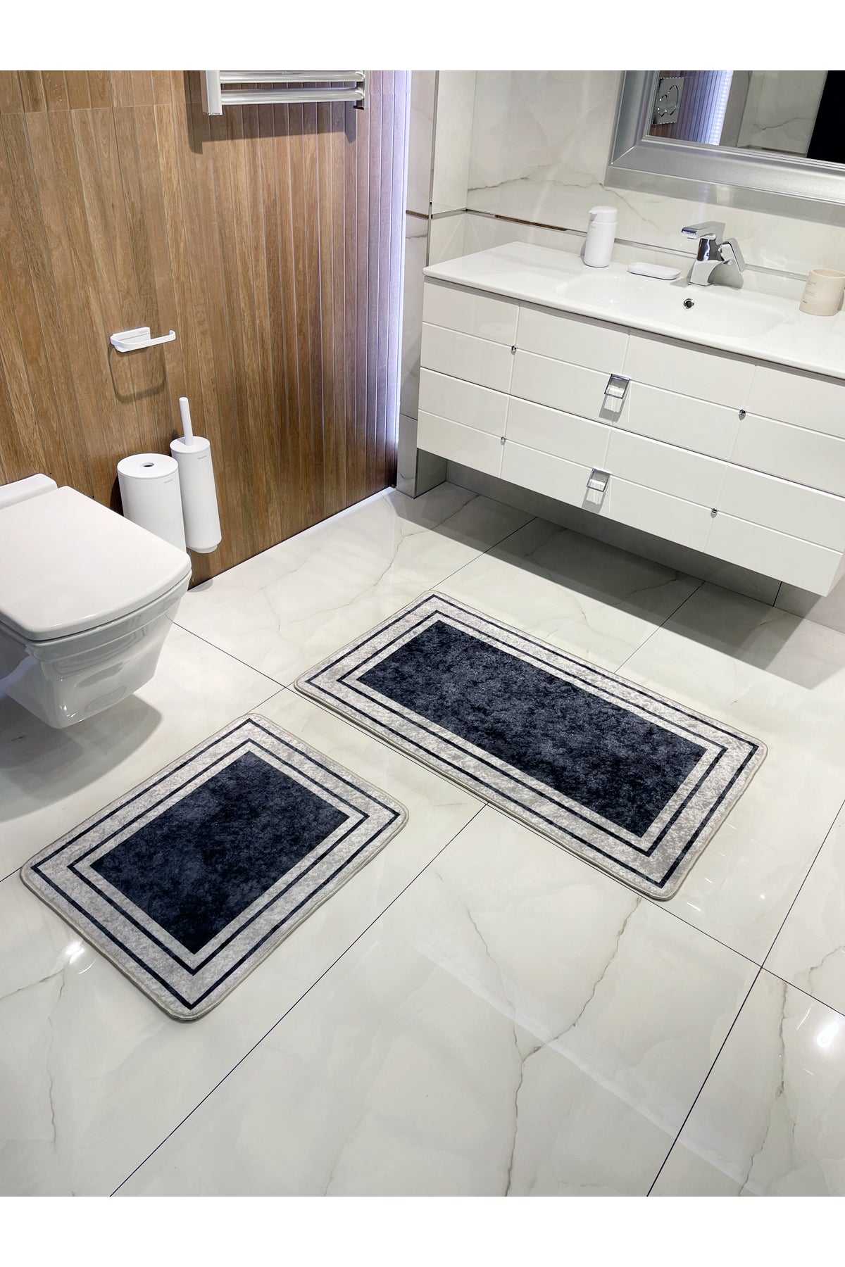 Striped Pattern 2-Piece Latex Leather-Backed Bathroom Mat Set (60X100 - 60X50) Navy Blue Gray