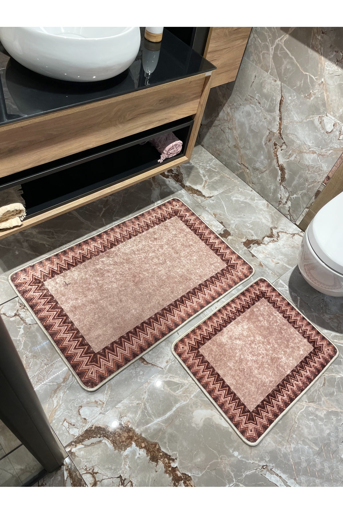 Mint Green - Zigzag Patterned Leather Base 2-Piece Bath Mat Set (60x100 - 60x50)