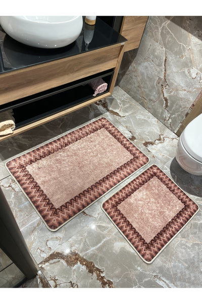 Mint Green - Zigzag Patterned Leather Base 2-Piece Bath Mat Set (60x100 - 60x50)