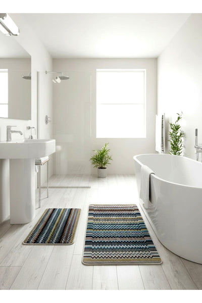 Zigzag Patterned 2-Piece Leather Base Bathroom Mat Set (60x100 - 60x50)