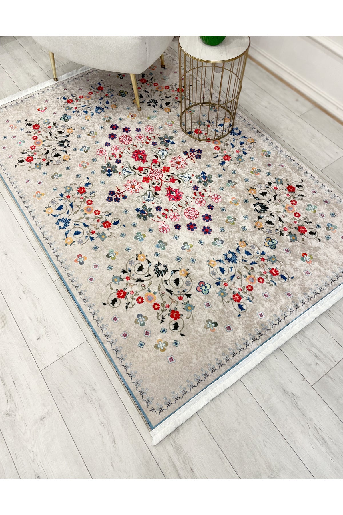 BEIGE Floral Patterned Vintage Latex Base Rug