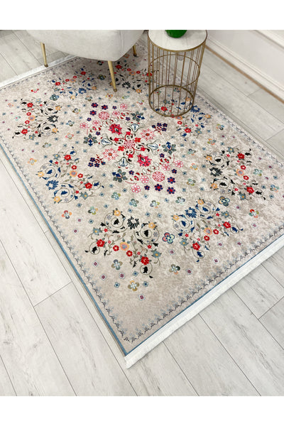 BEIGE Floral Patterned Vintage Latex Base Rug