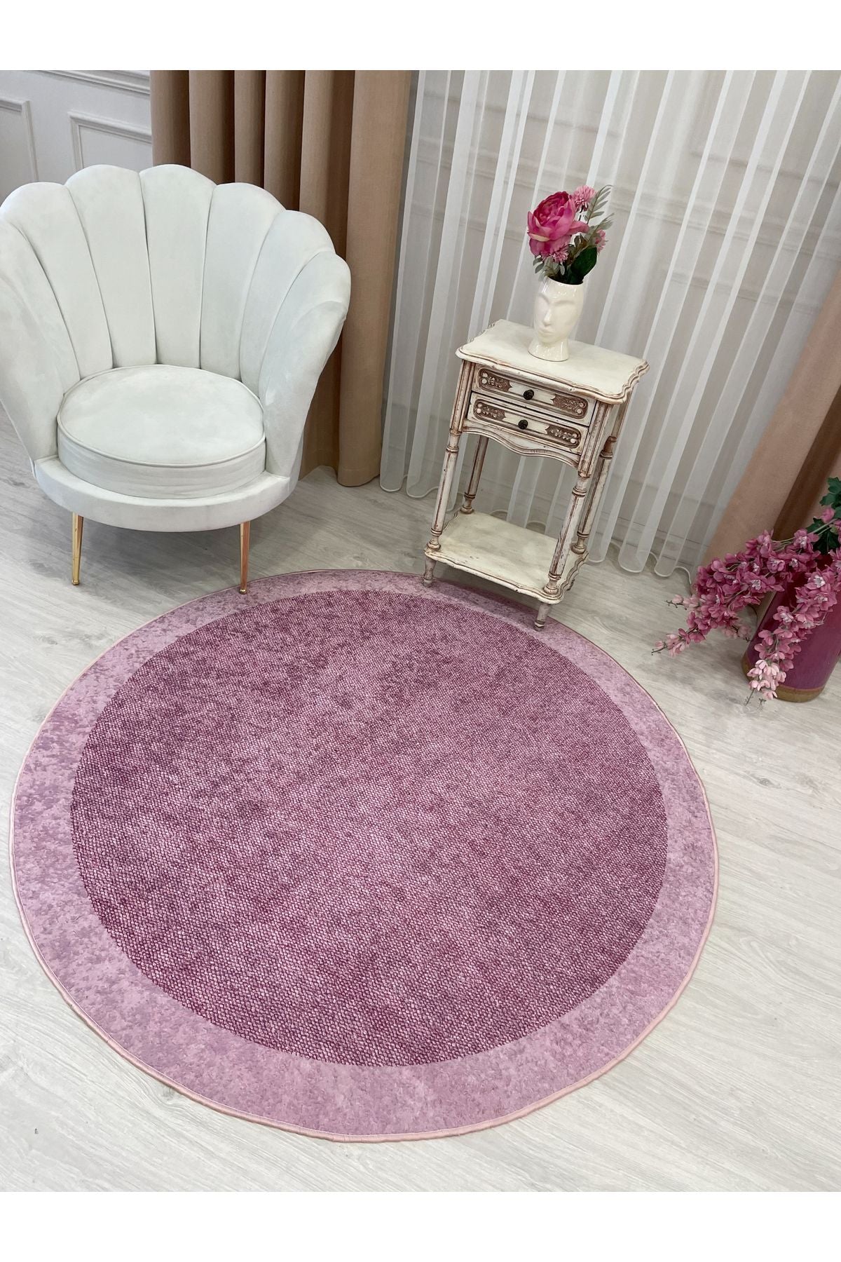 Pink - Decorative Rug with Wicker Jute Sisal Border Look