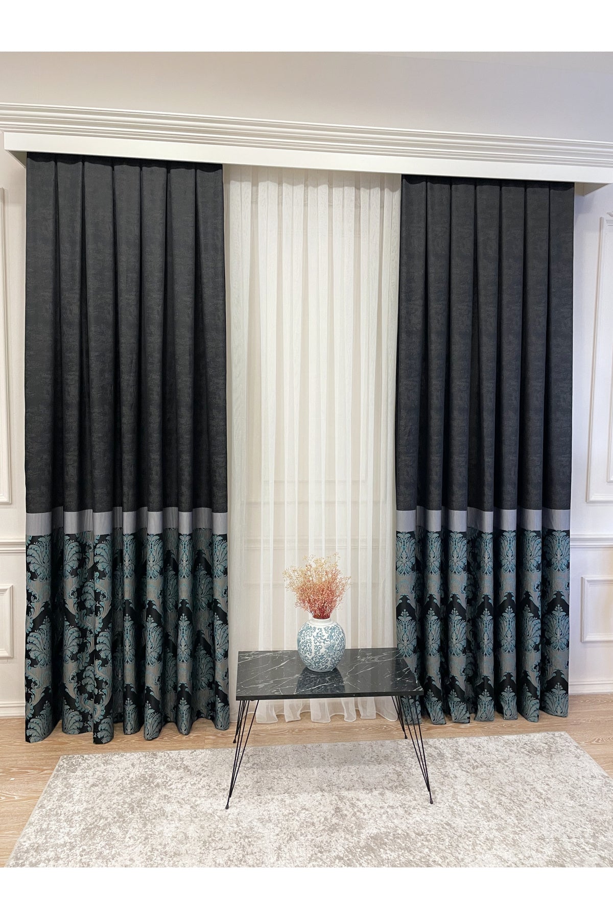 Gray Brown Damask Pattern Jacquard 1/3 Tight Pleat Jacquard Blackout Curtain