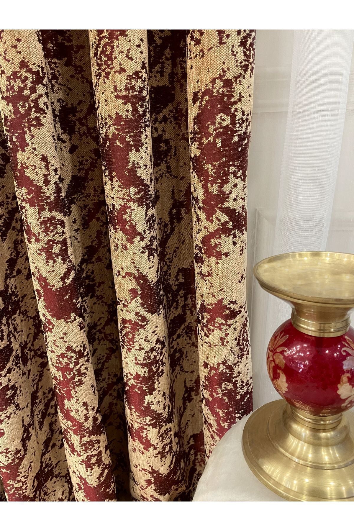 Brown-Navy Blue Chenille Pattern Jacquard 1/3 Dense Pleated Jacquard Blackout Curtain