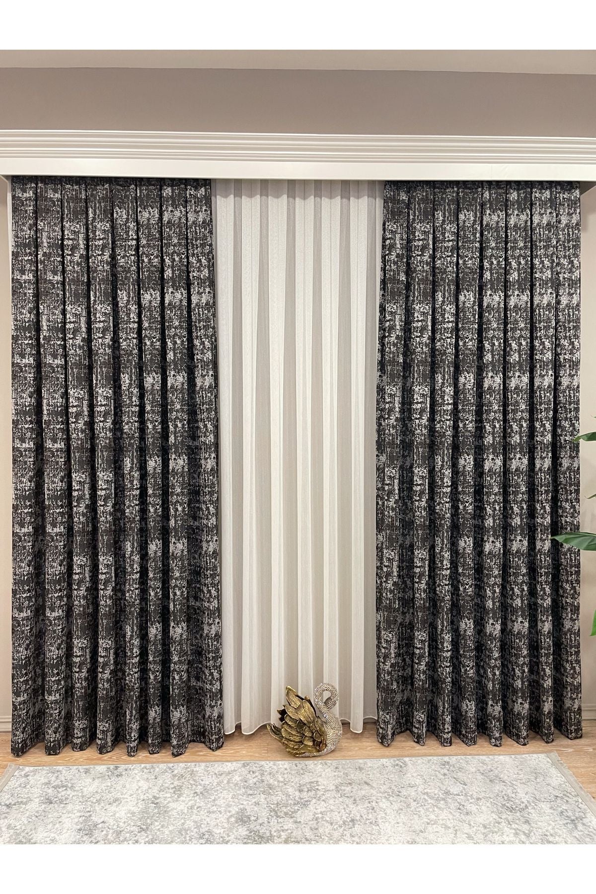 Orange - Brown Abstract Pattern 1/3 Tight Pleat Jacquard Woven Blackout Curtain