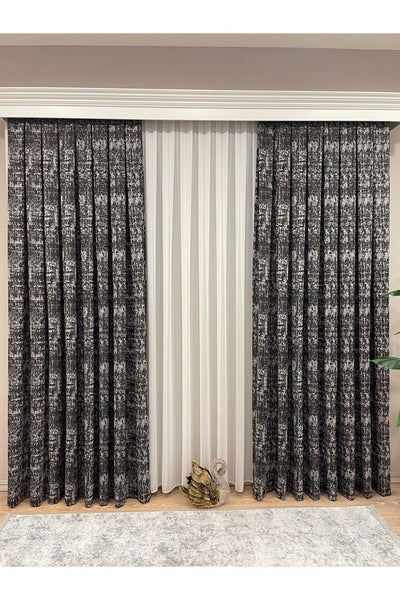 Orange - Brown Abstract Pattern 1/3 Tight Pleat Jacquard Woven Blackout Curtain