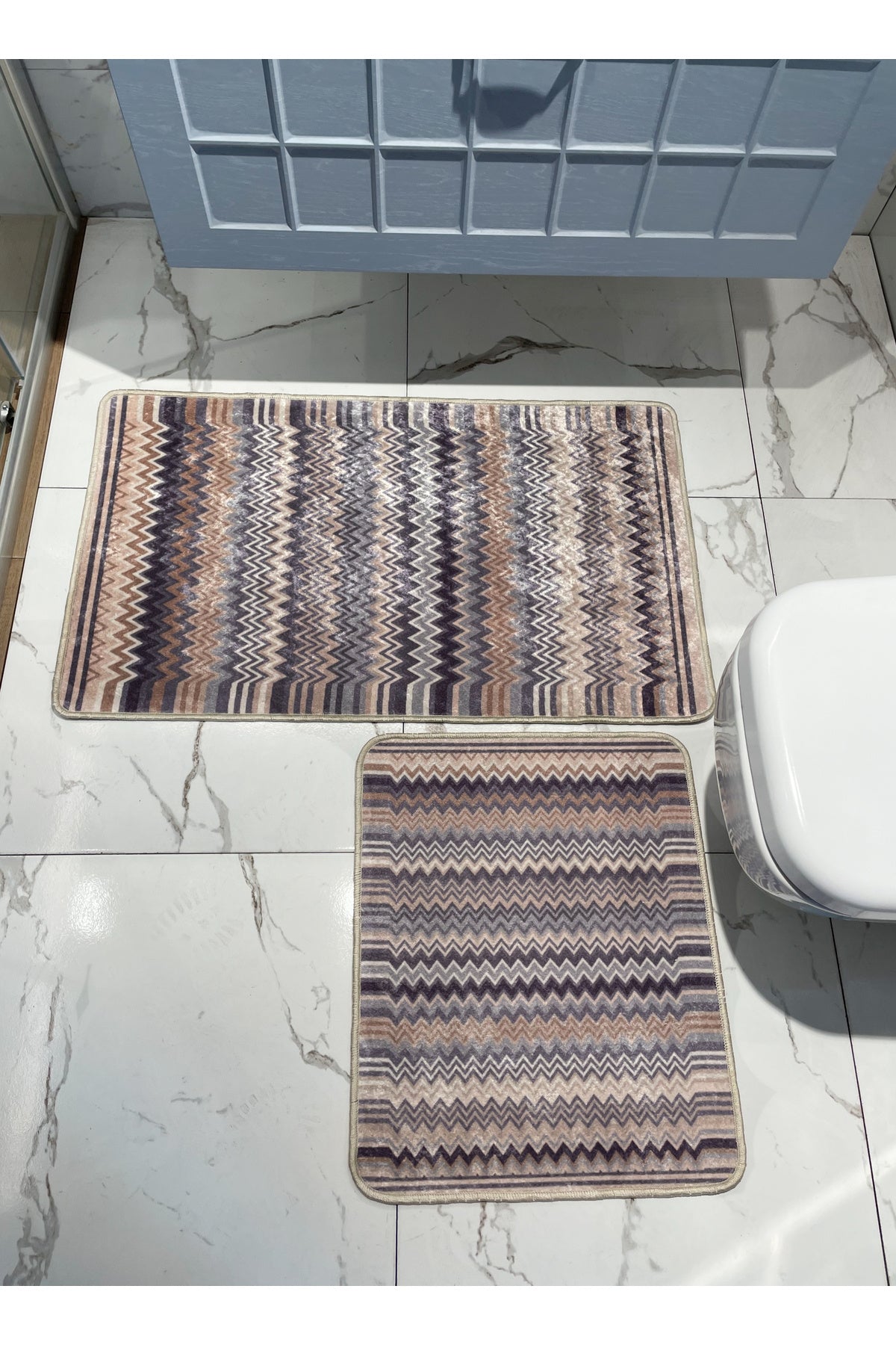 Zigzag Patterned 2-Piece Leather Base Bathroom Mat Set (60x100 - 60x50)