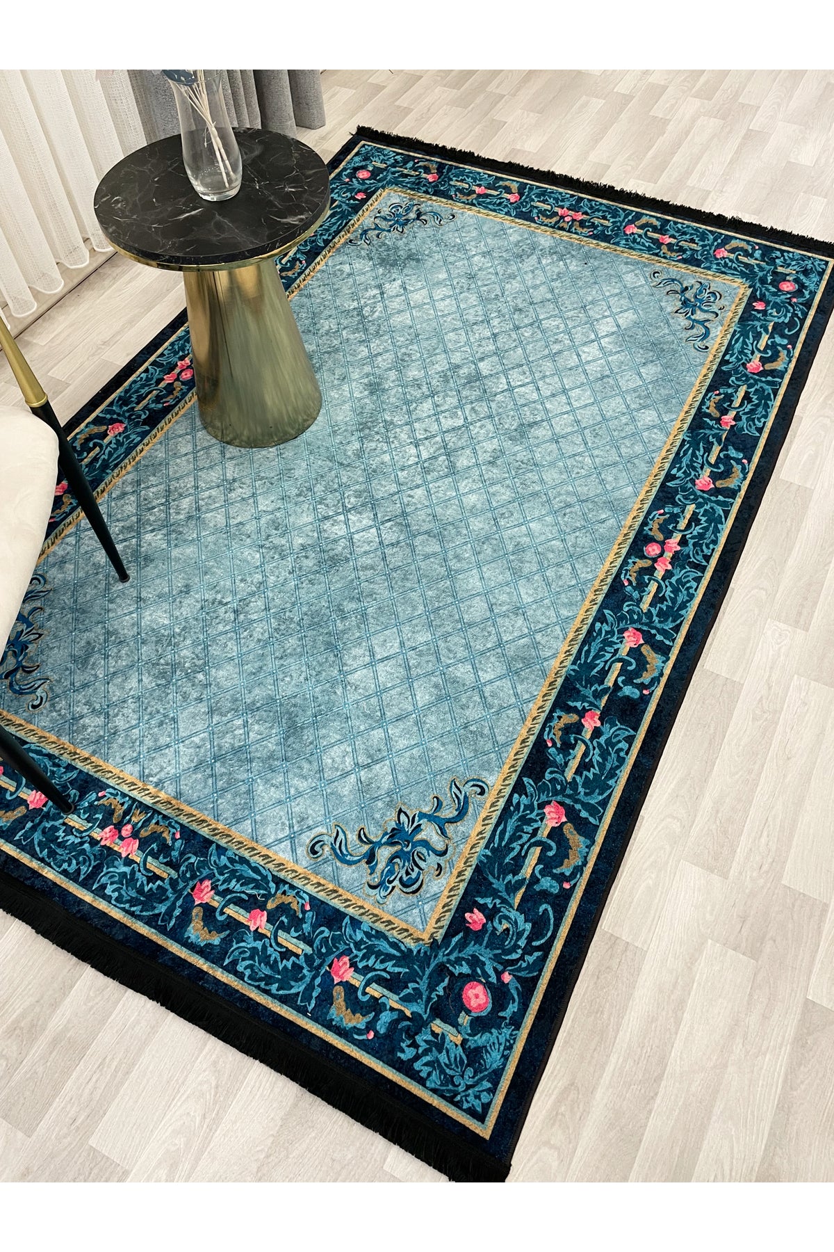 Floral Bordered Navy Blue Latex Leather-Backed Rug