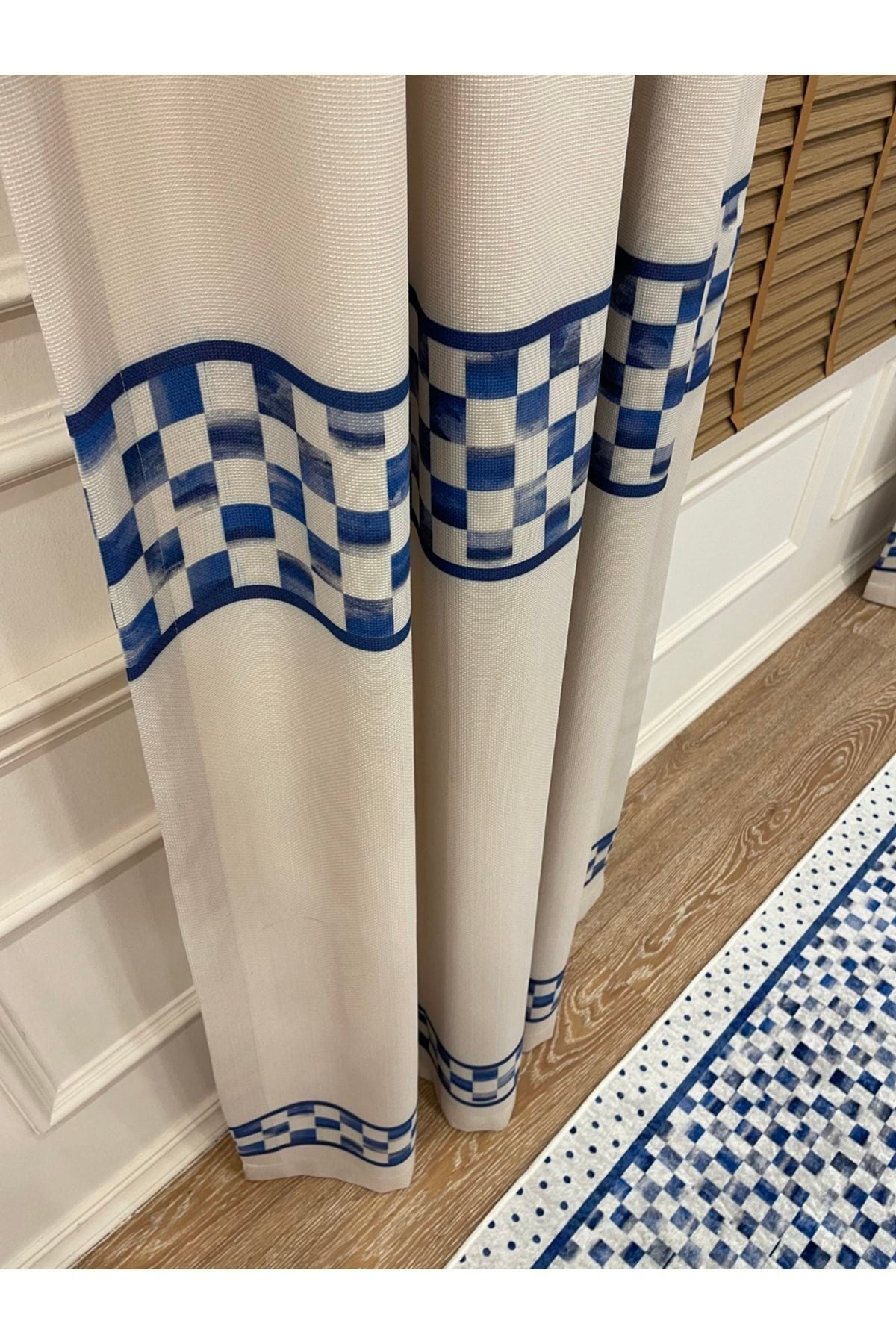 No-Pleat Extra-Reinforced Checkered Blackout Curtain - Beige-Blue