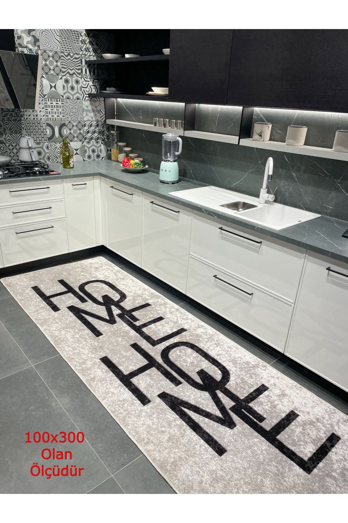 Home Yazılı Düz Mutfak Halısı - SİYAH