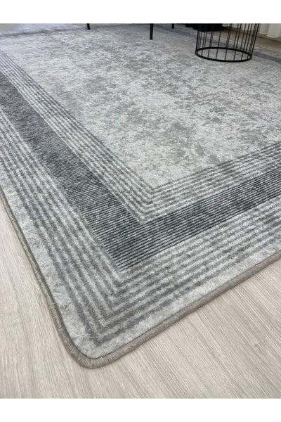 Light Gray Bordered Pattern Latex Leather-Backed Rug