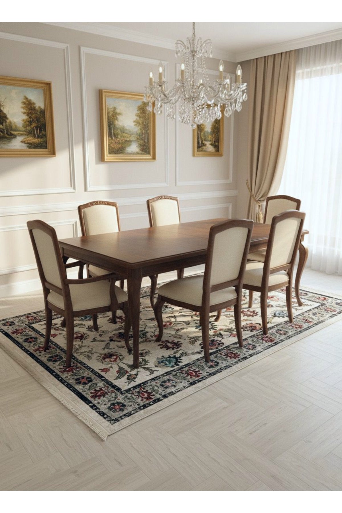 BEIGE-BLUE Traditional Distressed FRINGED Classic Non-Slip Base Rug