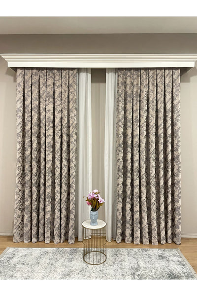 Brown-Navy Blue Chenille Pattern Jacquard 1/3 Dense Pleated Jacquard Blackout Curtain