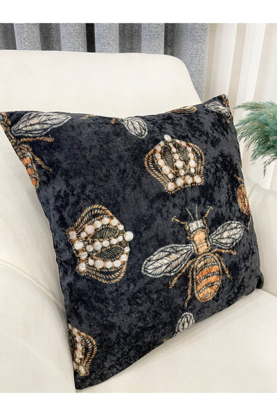 Queen Bee Embroidery Look Velvet Throw Pillow Cover 45x45
