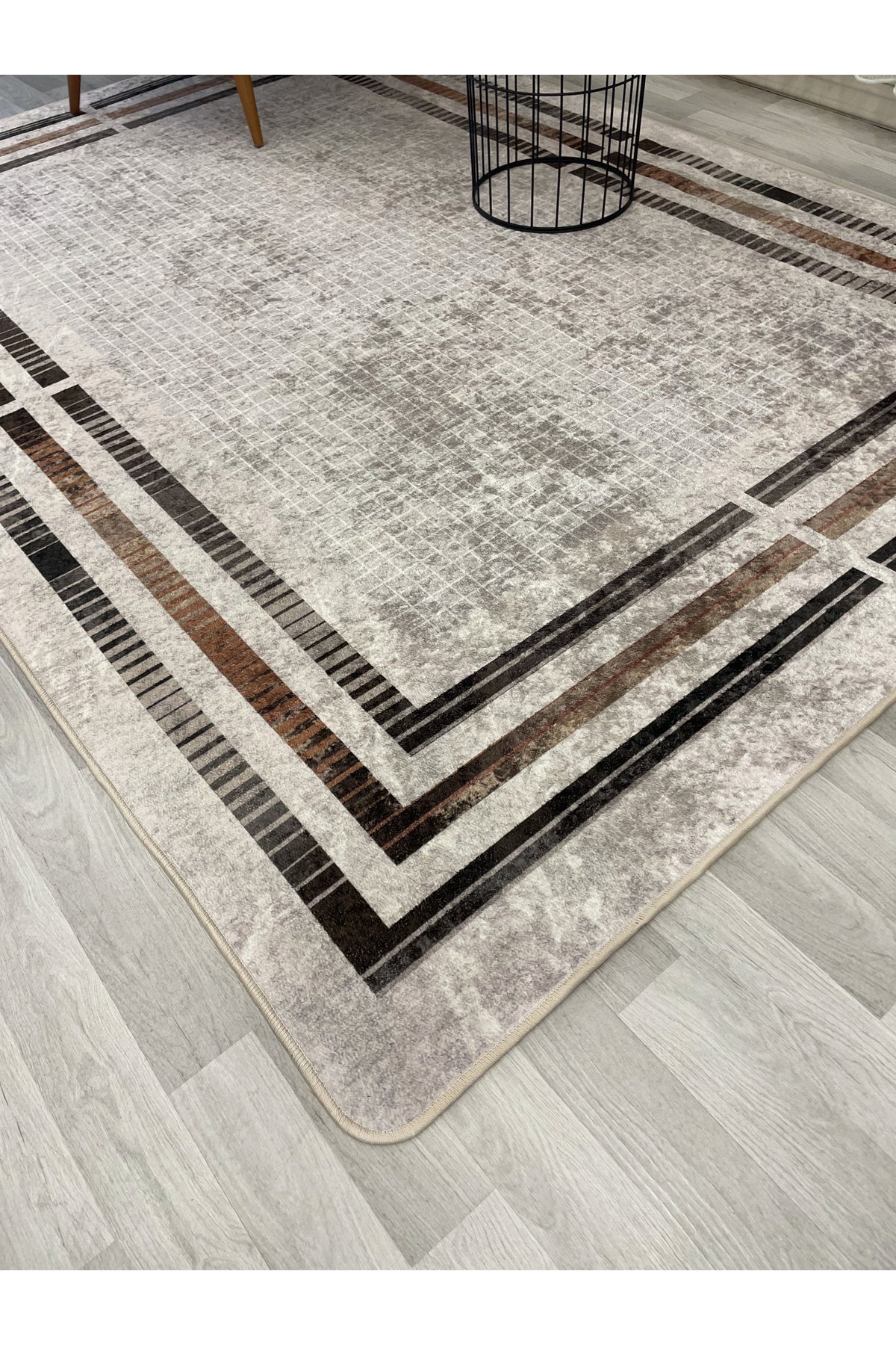 BEIGE Striped Bordered Non-Slip Base Framed Rug