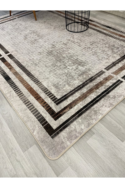BEIGE Striped Bordered Non-Slip Base Framed Rug