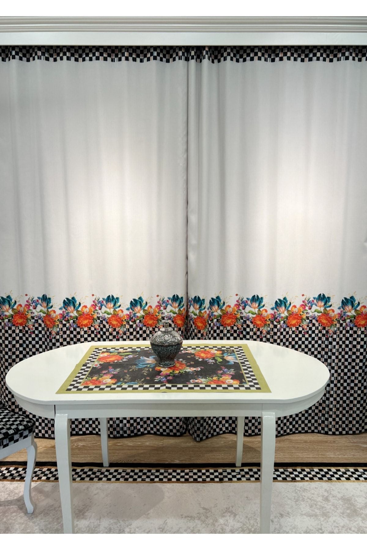 No-Pleat Extra-Reinforced Checkered Floral Blackout Curtain - Beige-Black