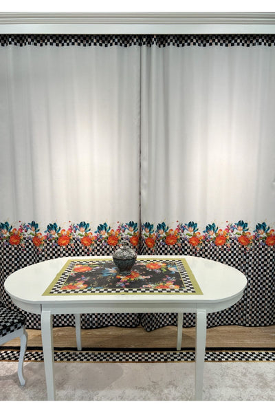 No-Pleat Extra-Reinforced Checkered Floral Blackout Curtain - Beige-Black