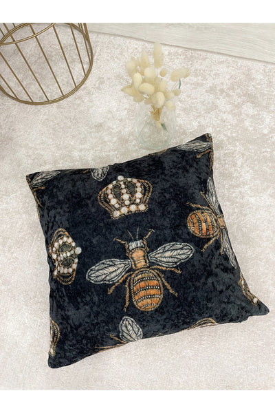 Queen Bee Embroidery Look Velvet Throw Pillow Cover 45x45