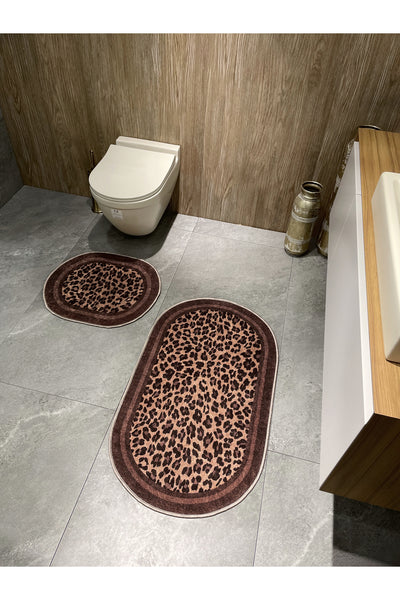 Lepoar Patterned 2-Piece Leather Base Oval Bathroom Mat (60x100 - 60x50)
