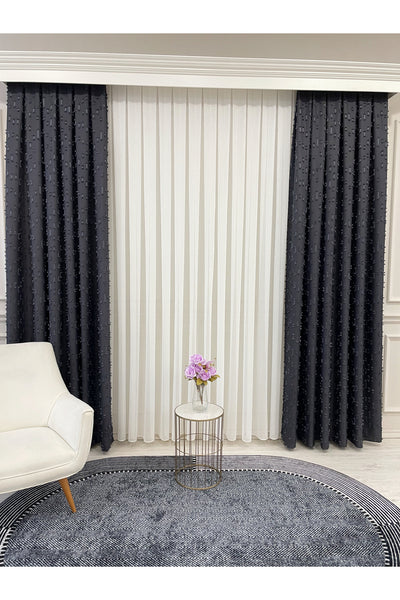 Indigo Blue Pompom Puffy Blackout Curtain 1/3 Dense Pleat