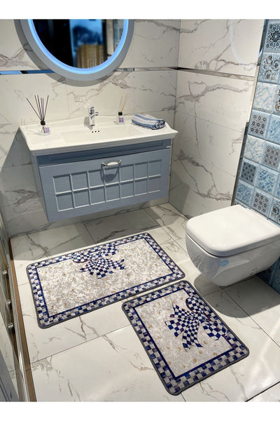 Damalı Kurdela Desenli Banyo Paspası 60X100 - 60X50 - BEJ-SİYAH