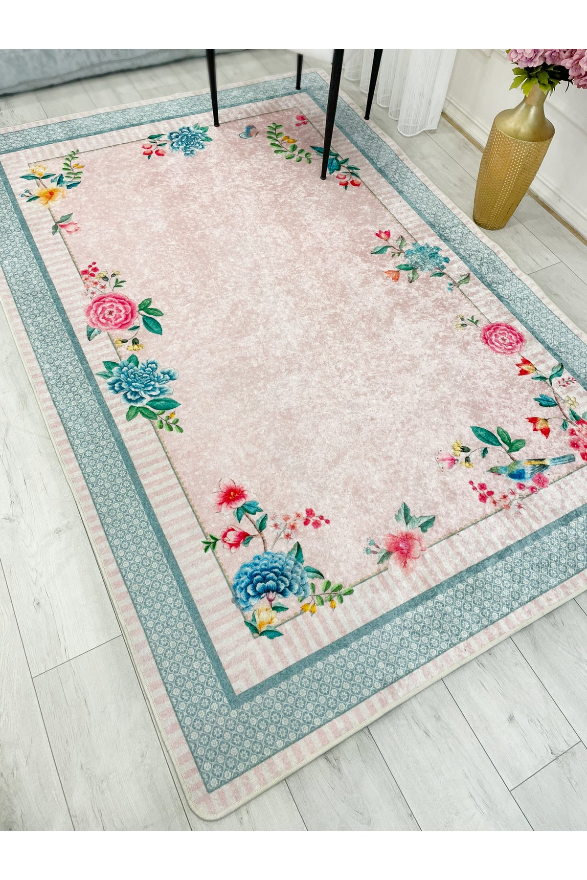 Blue Ground Rose Pattern Non-Slip Rug