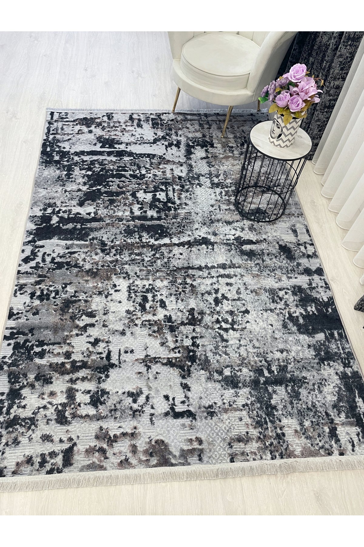 Abstract Pattern Fringed Latex Leather-Backed Rug