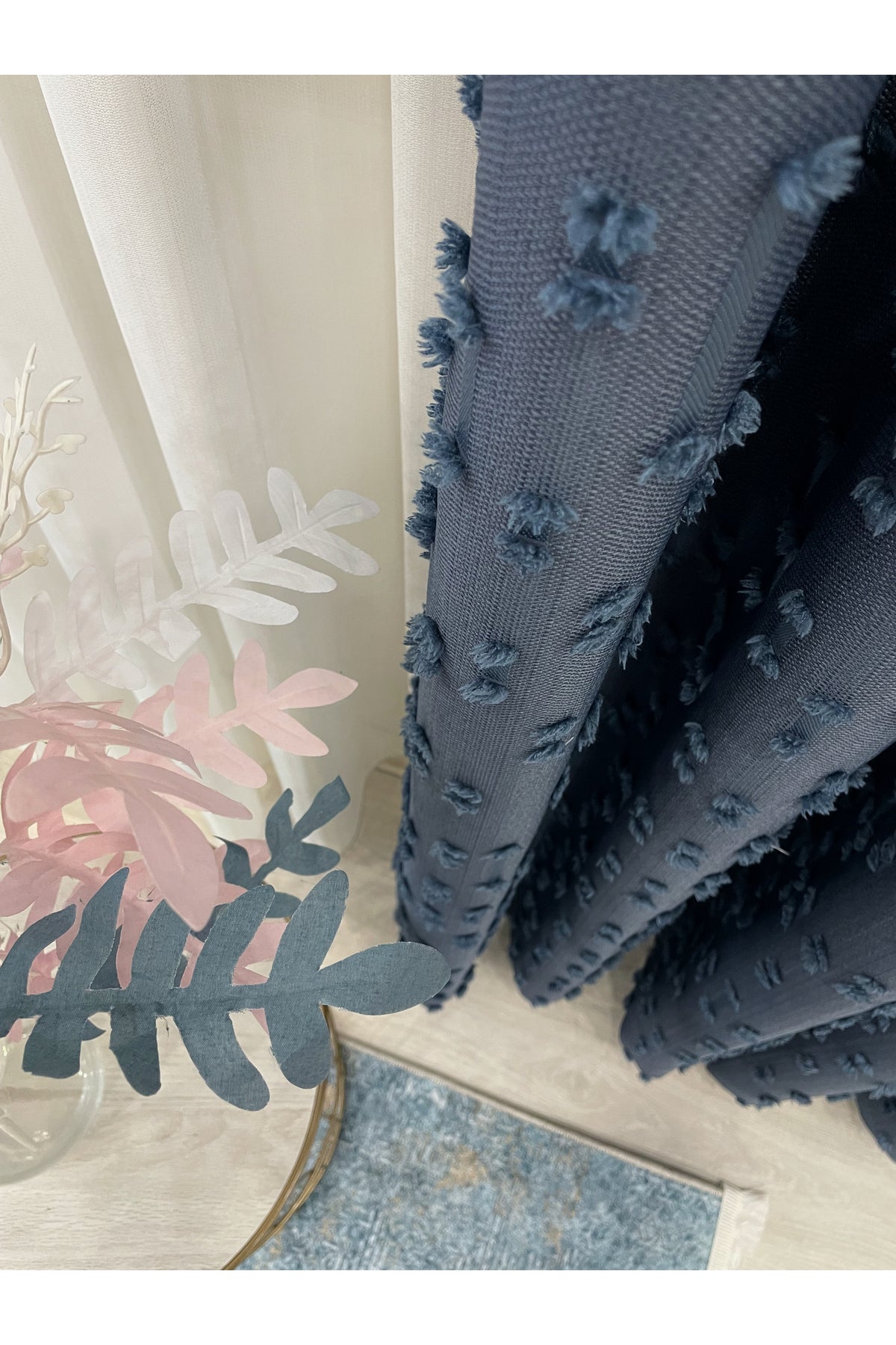 Indigo Blue Pompom Puffy Blackout Curtain 1/3 Dense Pleat