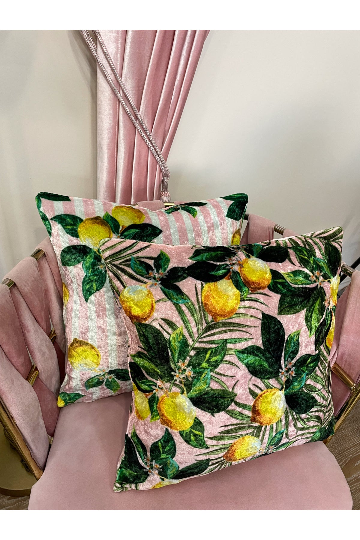 Set of 2 Lemon Pattern Velvet Cushion Pillow Cover (Pink)