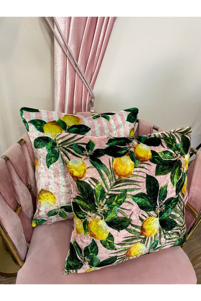 Set of 2 Lemon Pattern Velvet Cushion Pillow Cover (Pink)
