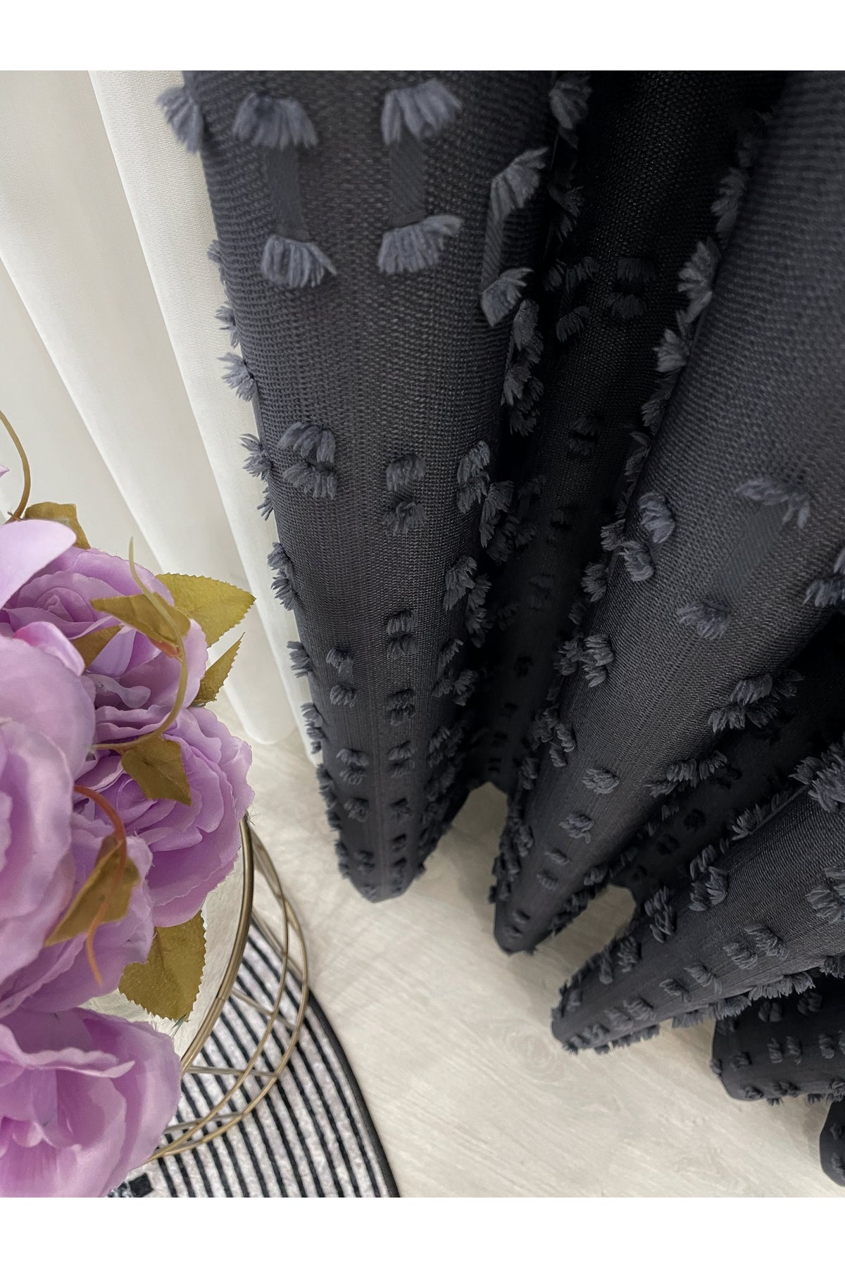 Indigo Blue Pompom Puffy Blackout Curtain 1/3 Dense Pleat