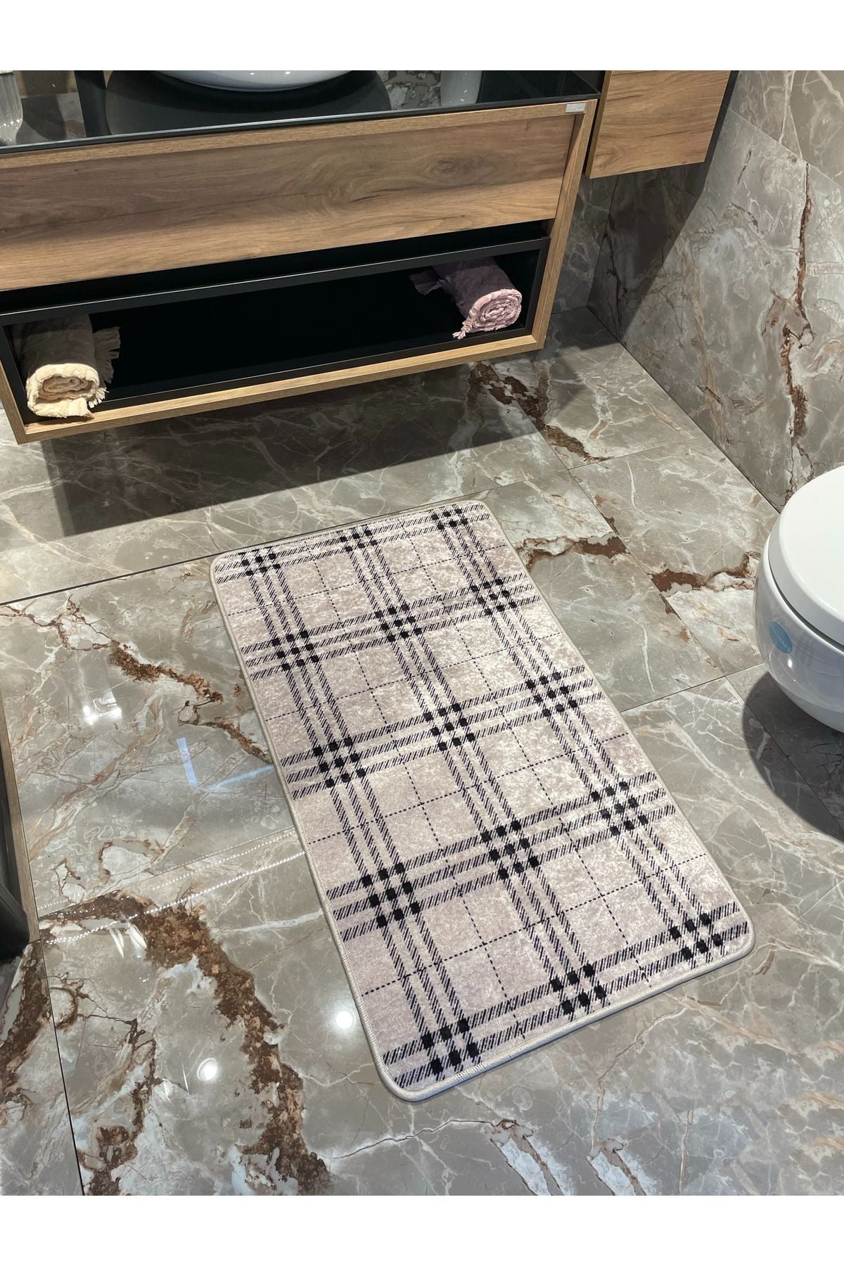 Single Checkered Pattern Bathroom Mat - Beige (60X100 Size)