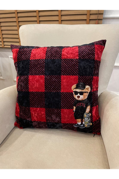 %100 Velvet Teddy Bear Print Cushion Cover - Red-Black (45X45)