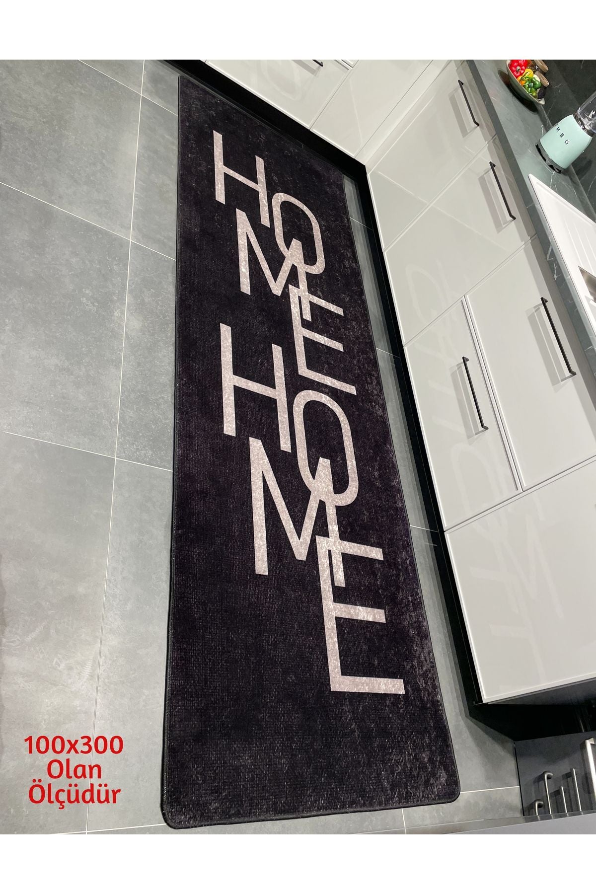 Home Yazılı Düz Mutfak Halısı - SİYAH