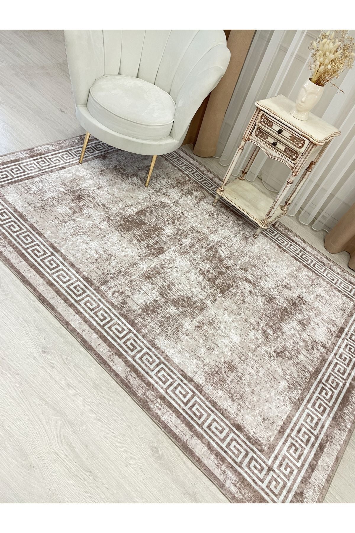 Beige-Mink Bordered Pattern Latex Leather Base Rug