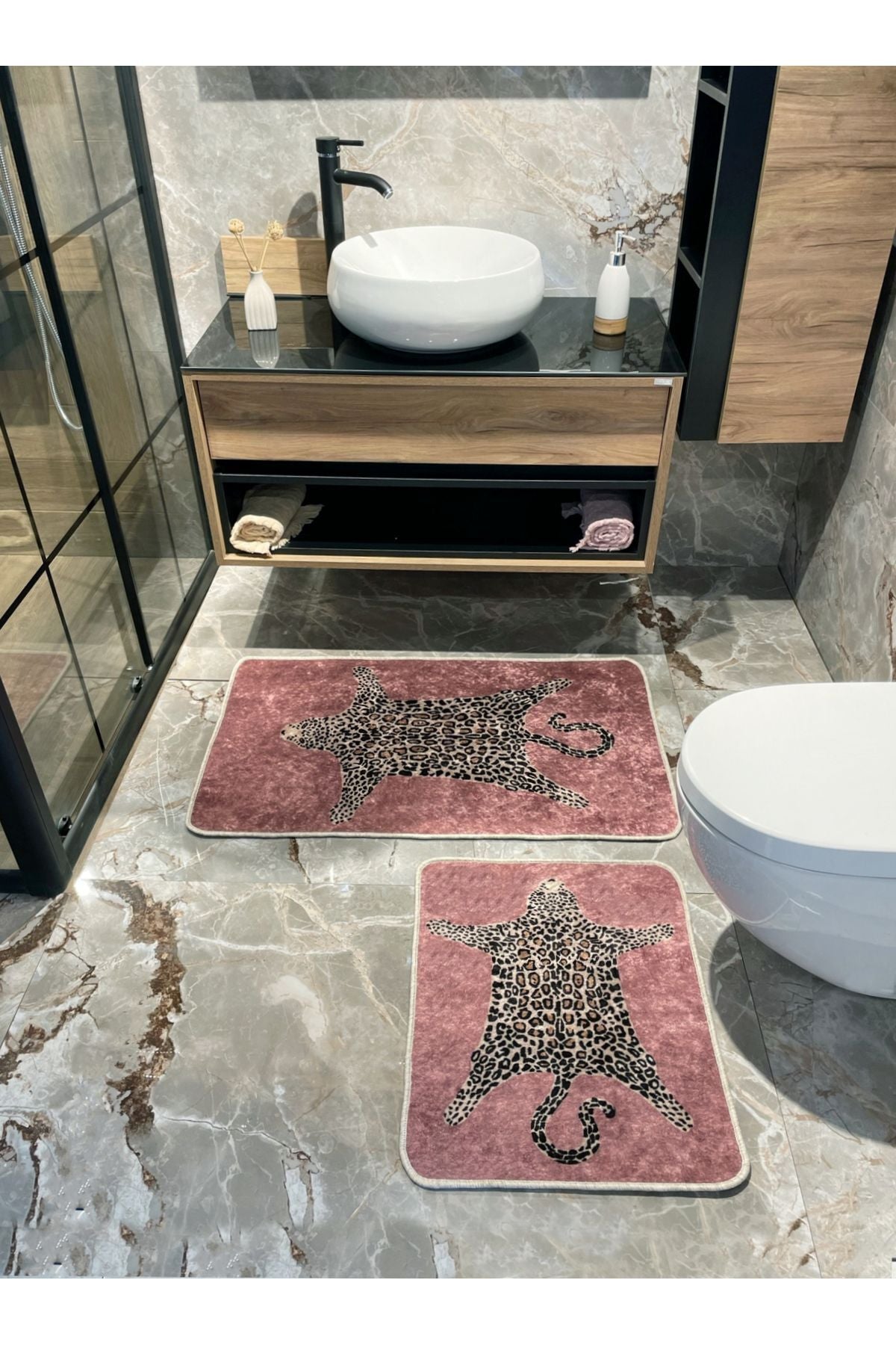 Set of 2 Leopard Print 60x100 - 60x50 Bathroom Rugs - Fuchsia