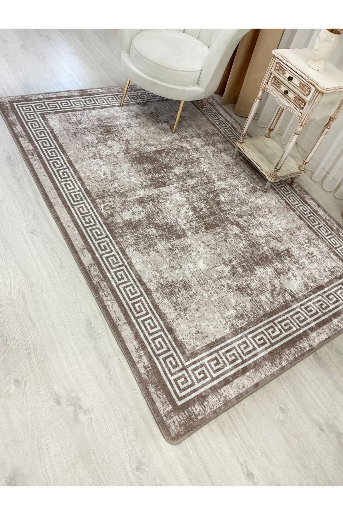 Beige-Mink Bordered Pattern Latex Leather Base Rug