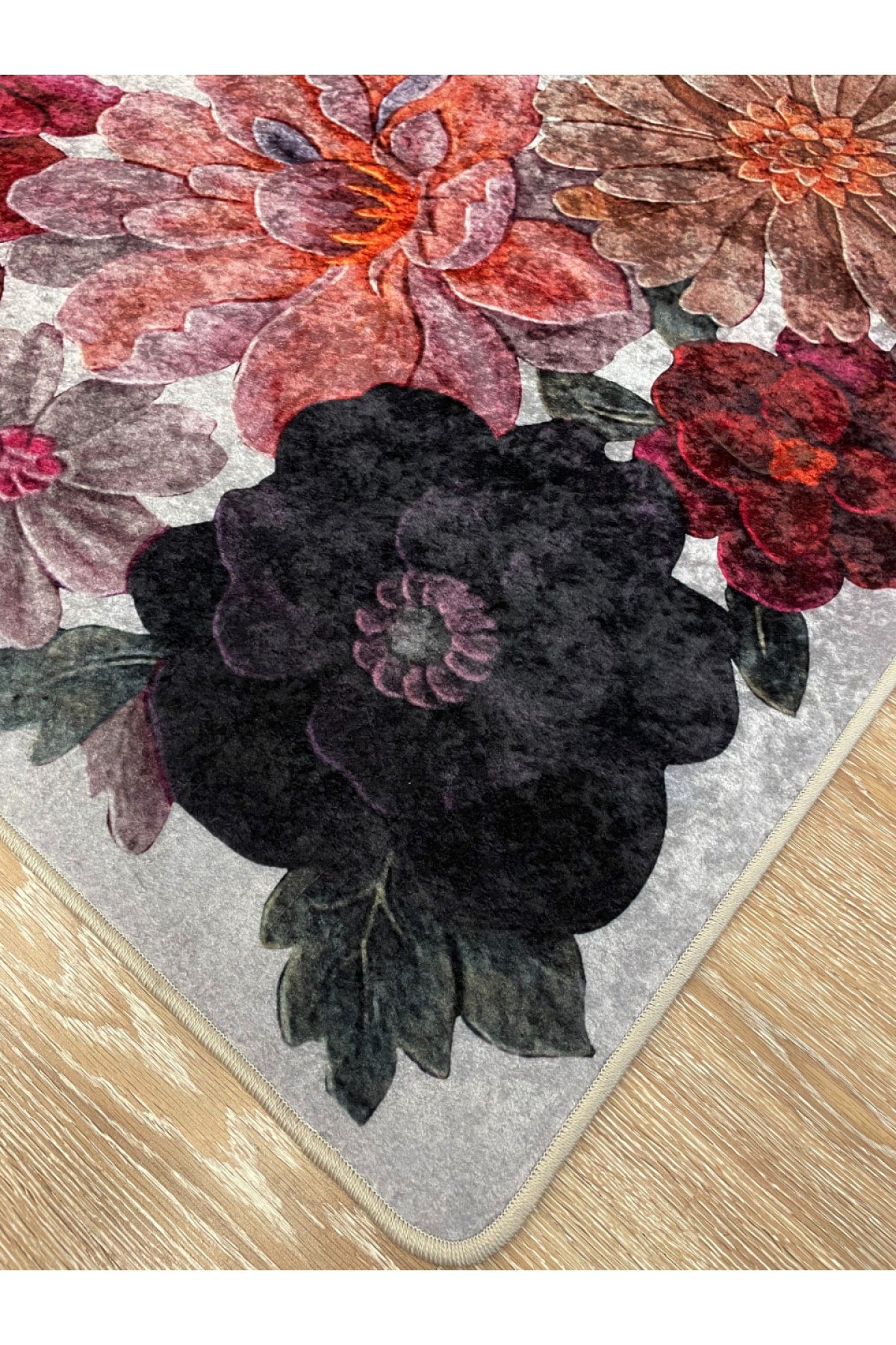 Floral Pattern Washable Decorative Round Rug - Gray