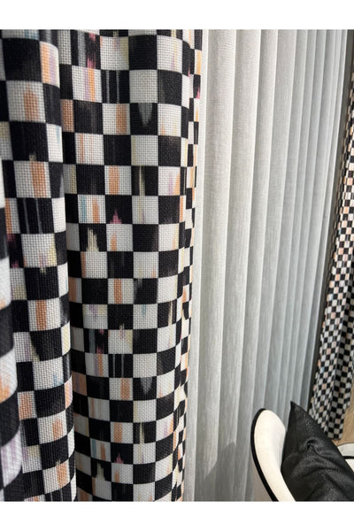 No-Pleat Extra-Reinforced Checkered Blackout Curtain - Beige-Black