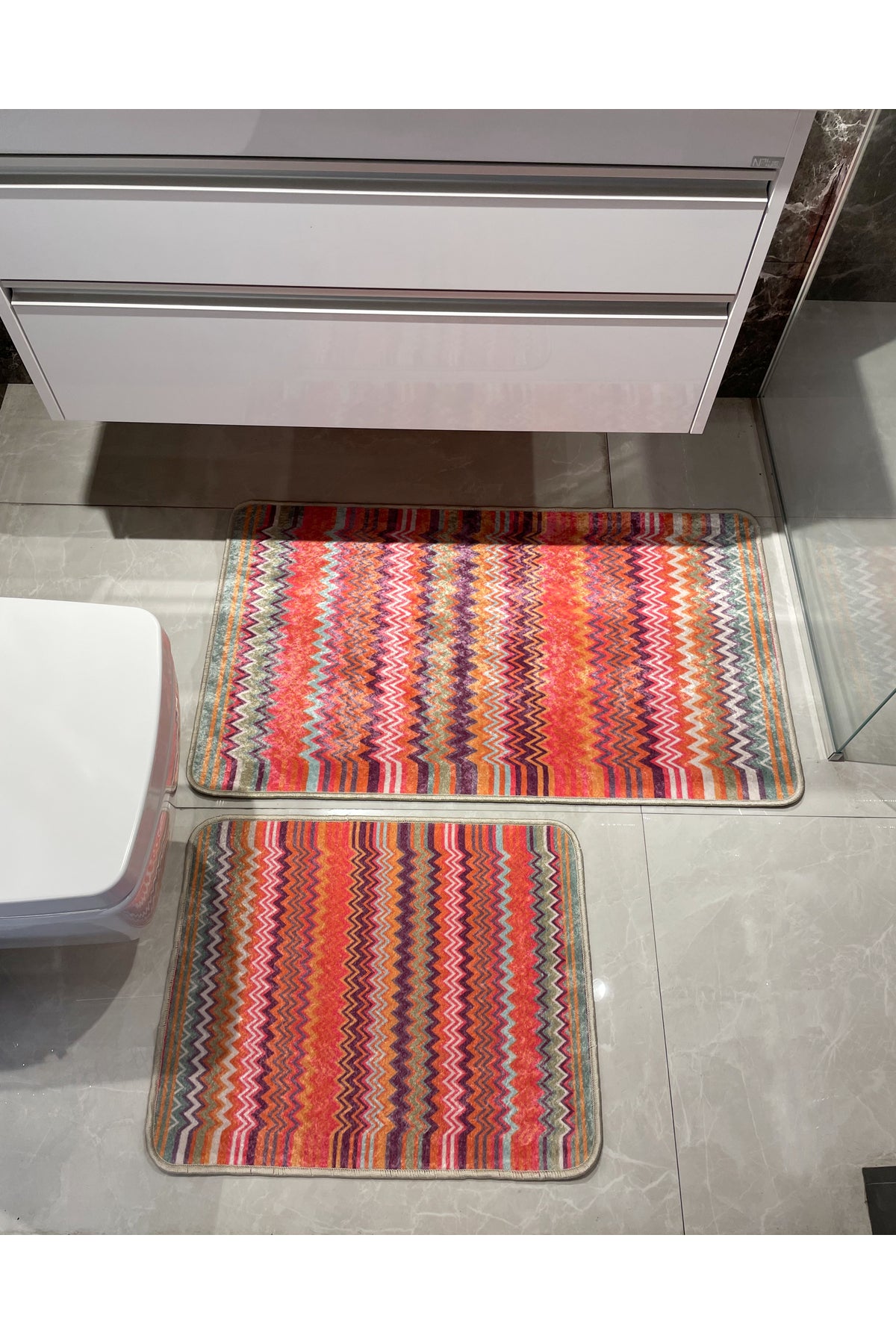 Zigzag Patterned 2-Piece Leather Base Bathroom Mat Set (60x100 - 60x50)